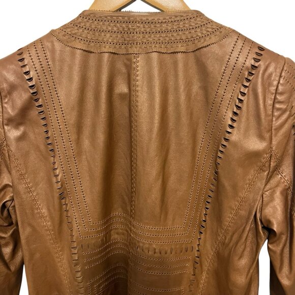 Elie Tahari Leather Jacket Cecilia Brown Size XS Lattice Cut Designer Boho Chic - Picture 5 of 15